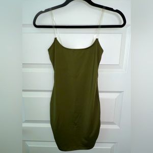 Olive green Mini dress clear Straps. Size S.